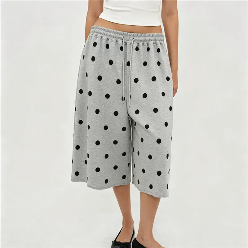 Ladies Raw Edge Bermuda Sweat Pants Elastic Drawstring Waist Loose Wide Leg Casual Knee Length Capri Jogger Trousers