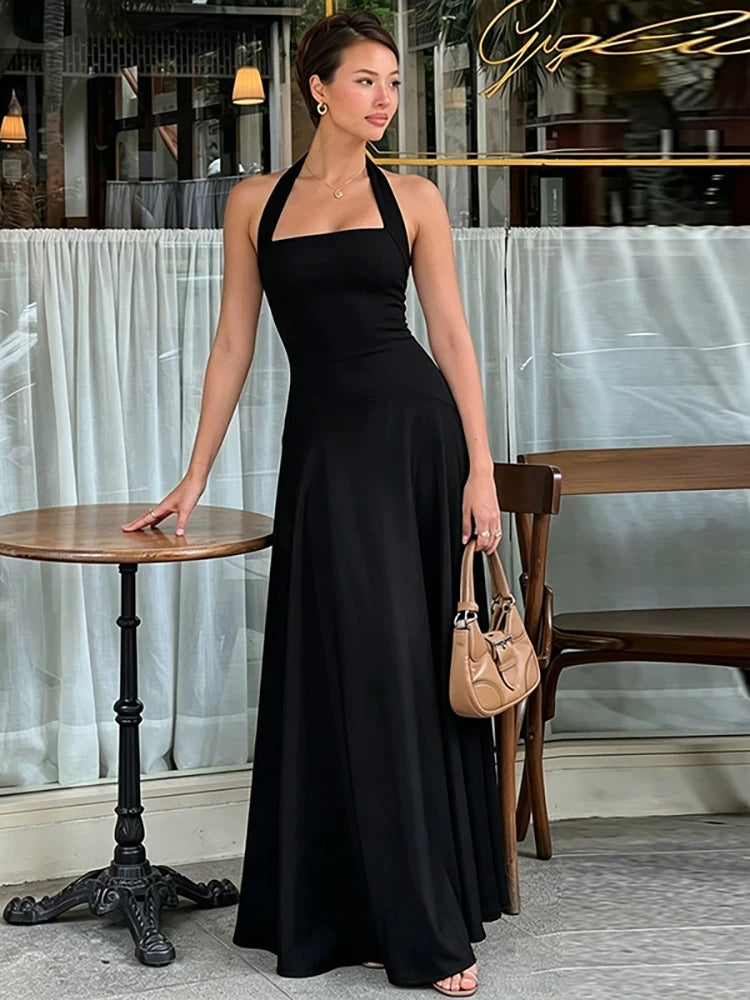 White Halter Backless Sexy Maxi Dress Women Elegant Square Collar Sleeveless Bodycon Club Party Long Dresses Female
