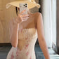 Floral Print Dress Women Elastic Waist Ruffled Edge Square Collar Backless Sleeveless Trend Vacation Party Clubwear