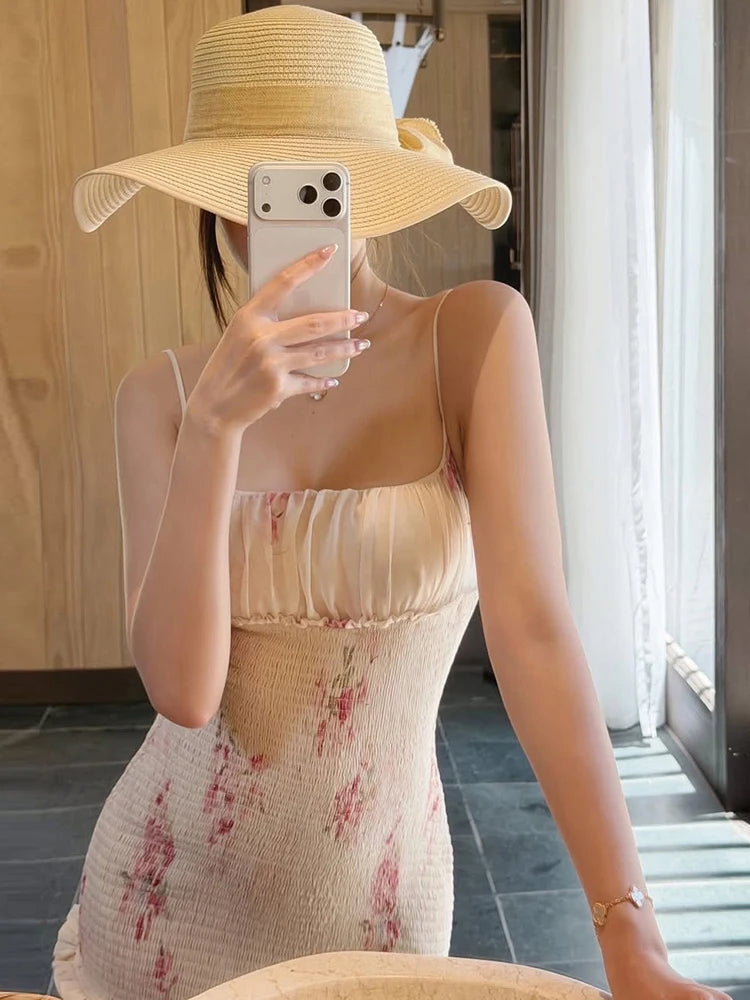 Floral Print Dress Women Elastic Waist Ruffled Edge Square Collar Backless Sleeveless Trend Vacation Party Clubwear