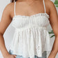 Beach Vacation White Eyelet Embroidery Cami Top Women Spaghetti Strap Ruffled Trim Peplum Flowy Casual Summer Top