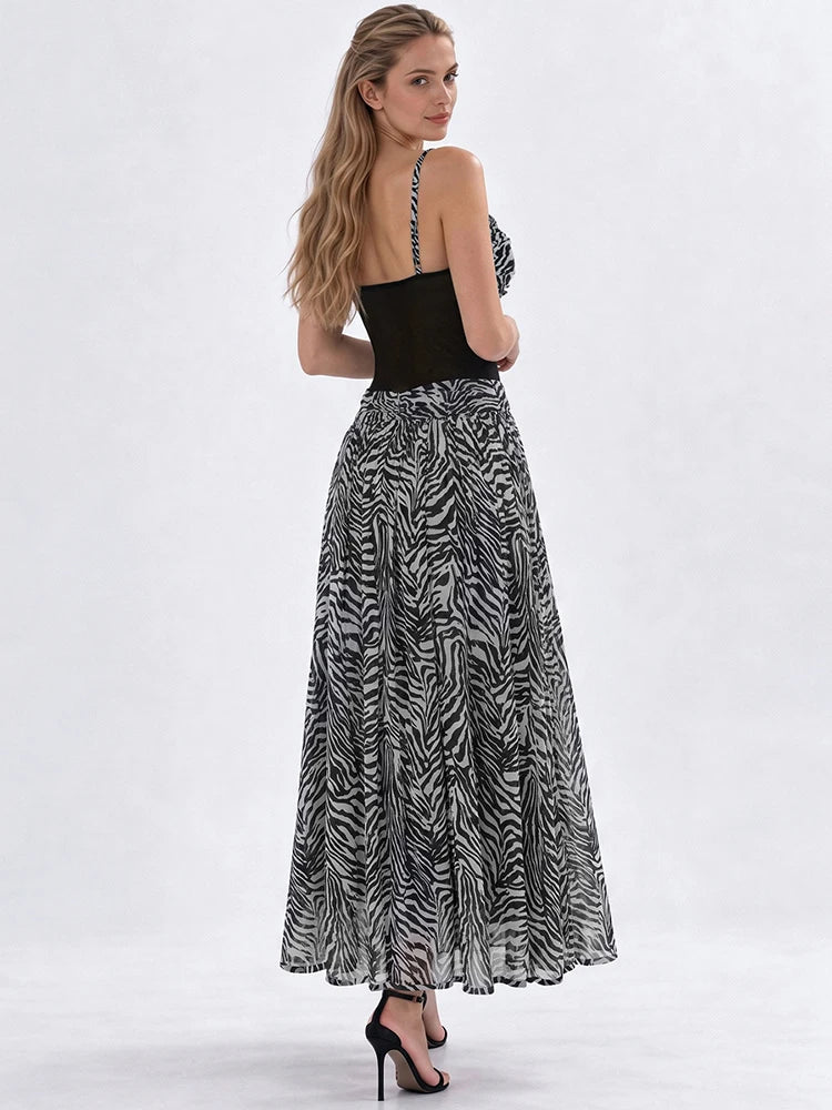 Women Zebra Print Spaghetti Strap Sexy Maxi Dress Mesh Patchwork Sweetheart Neck Sleeveless High Waist Long Party Dress