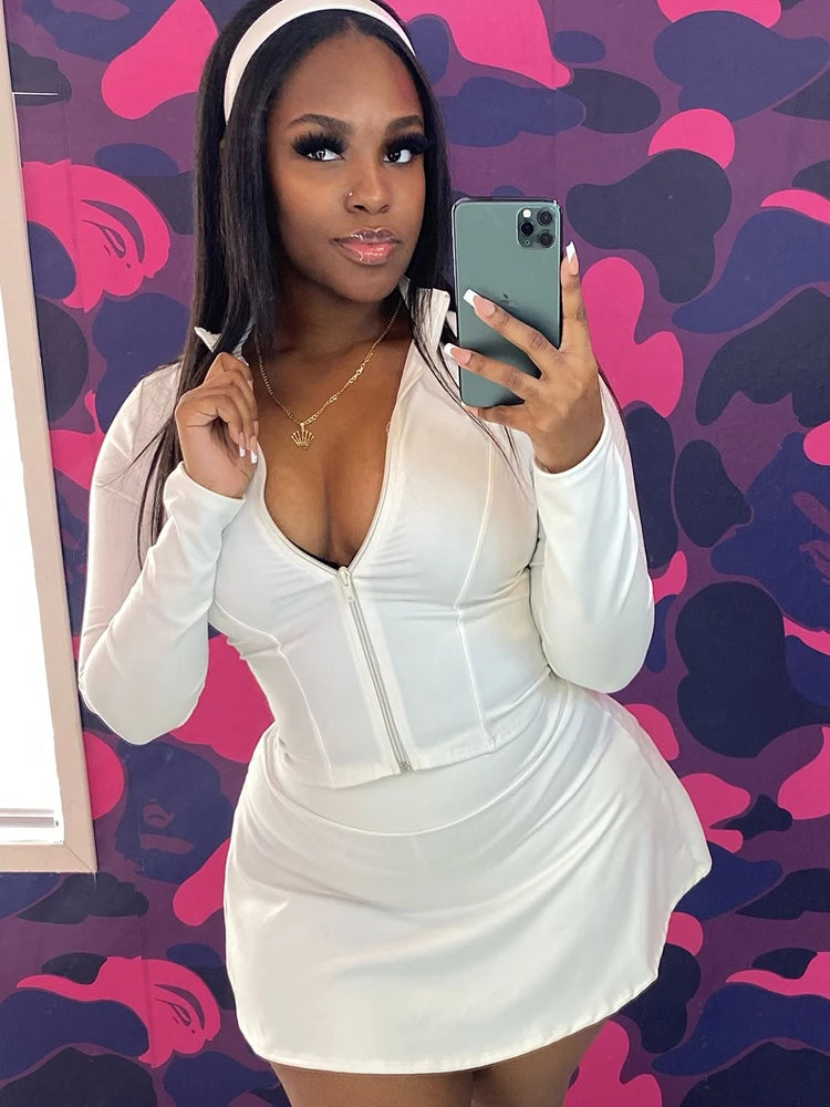 Y2K Solid Style 2 Piece Set Women Zipper Cardigan Full Sleeve Tops+Ruched Mini Skirts Daily Casual Simple Streetwear