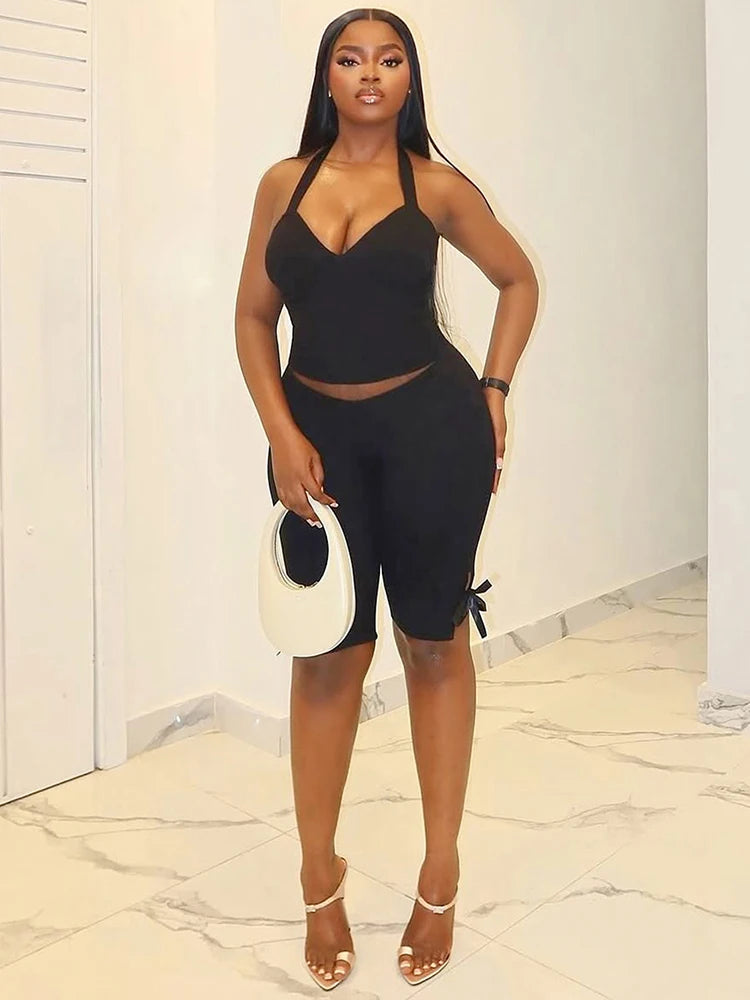 Bow 2Piece Set Women Casual Halter Backless V-Neck Tank Tops+Split Bike Shorts Sporty Stretch Solid Summer Sweatsuits