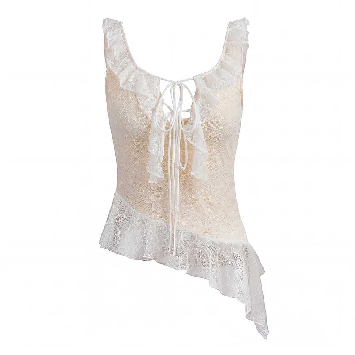 Women's Lace Cami Top Asymmetric Ruffle Hem Front Tie Sexy Slim Fit Lace Keyhole Cutout Camisole Party Club Tops