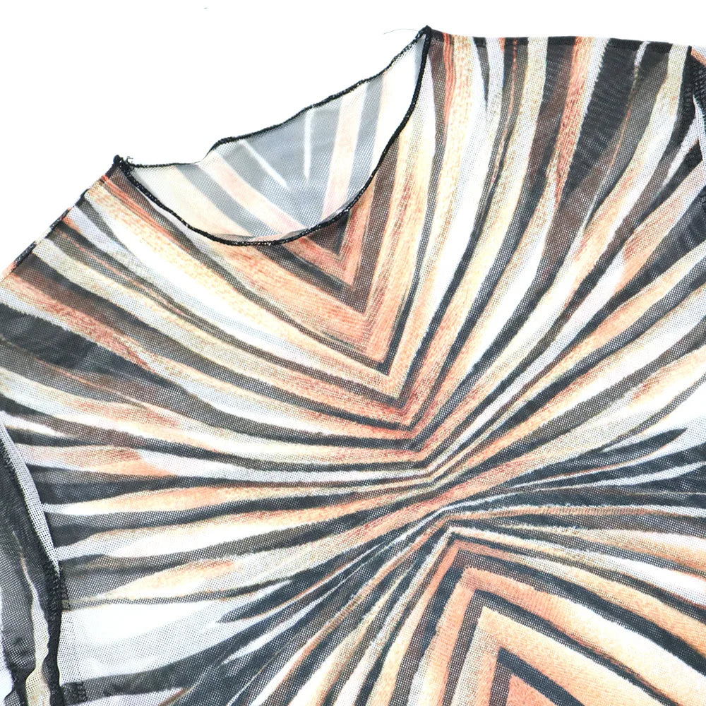 See Through Women 2Piece Set Sexy Stripe Print Summer Trend Shorts Sleeve Crop Tops+Flare Pants Matching Club Outfits