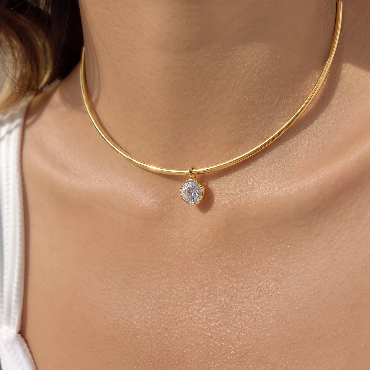 Geometric Zircon Pendant Torques Necklace For Women 18K Gold PVD Plated Stainless Steel Necklace Fashion Jewelry Gift