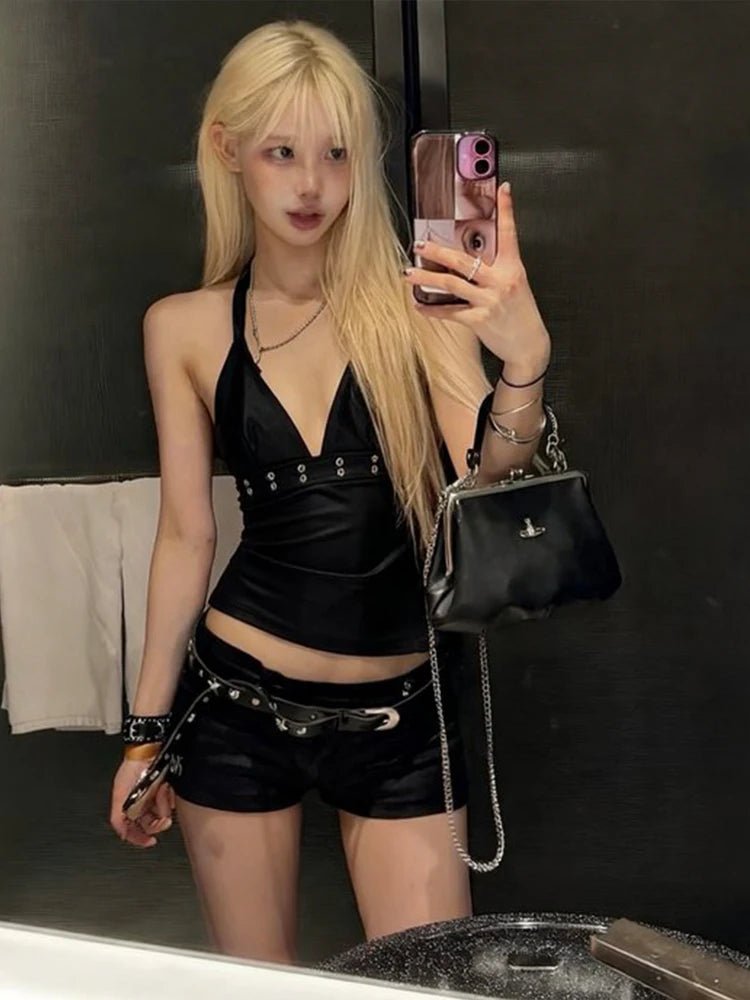 Sexy Metal Decoration Camisole Women v-Neck Faux Leather Midnight Hottie Music Festival Wild Fashion Classic Streetwear