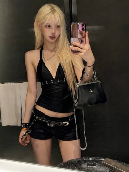 Sexy Metal Decoration Camisole Women v-Neck Faux Leather Midnight Hottie Music Festival Wild Fashion Classic Streetwear