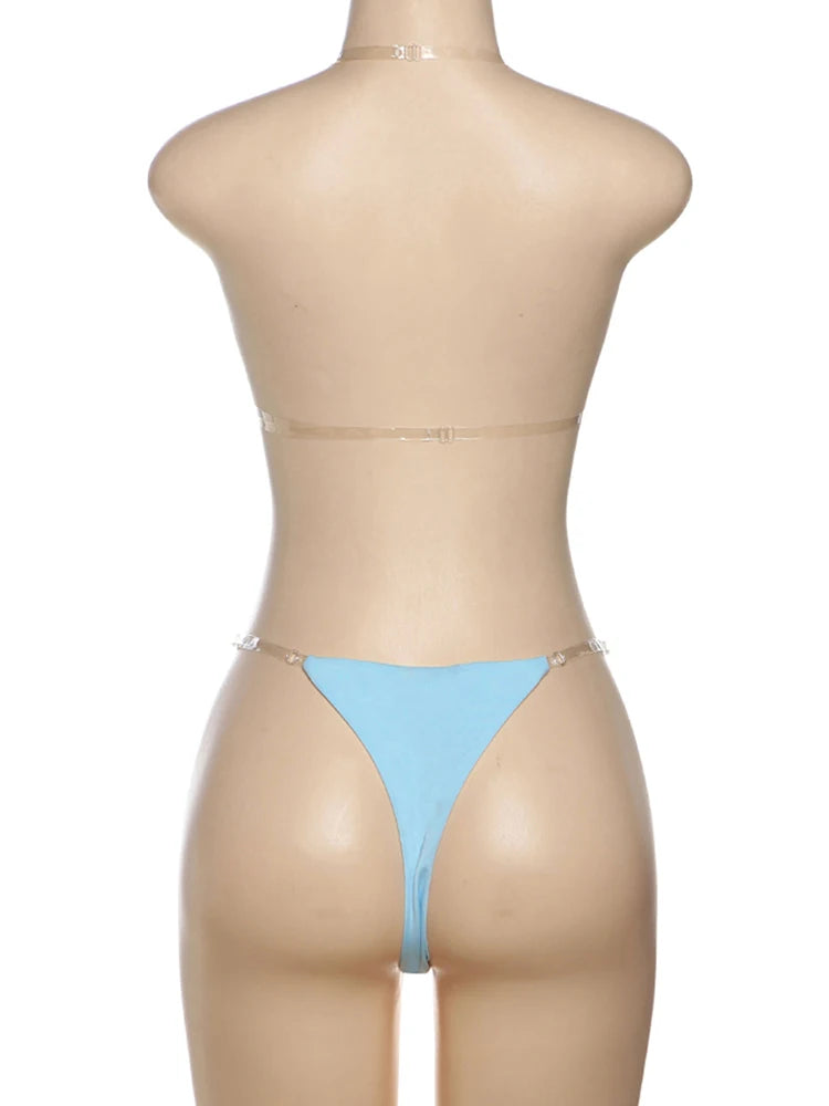 Sexy Fashion Bikini 2 Piece Set Women Small Droplets Decoration Bra Tops+Transparent Straps Thong Beach Style Outfits
