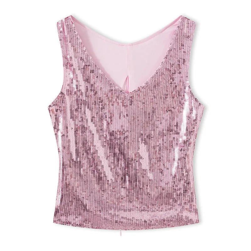 Y2K Glitter Shiny Sleeveless Shirt Vest Sequin Sparkle V Neck Tank Tops Women Slim Fitted Crop Top Festival Rave Clothes