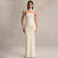 Elegant Party Evening Dresses Wedding Guest Black Strapless Maxi Dress with Draped Detailing and Scarf