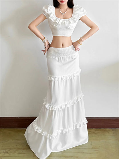 Summer Simple 2 Piece Set Women Simple Ruffled patchwork Mini Sleeve Elastic Hem T-Shirt+Cake Skirt Fashion Party Suits