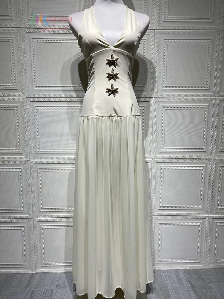 Halter Backless Sexy Maxi Dress Women Gown Fashion Starfish Decoration Deep V Neck Sleeveless Beach Club Party Dresses