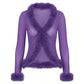 Women Y2K Faux Fur Trim Mesh Cardigan Long Sleeve V Neck Open Front Cropped Sheer Jacket Club Party Outerwear Tops