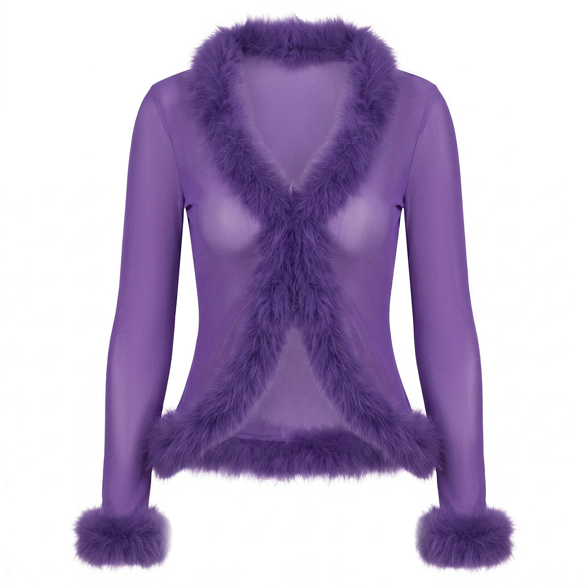 Women Y2K Faux Fur Trim Mesh Cardigan Long Sleeve V Neck Open Front Cropped Sheer Jacket Club Party Outerwear Tops