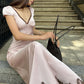Silky Stain Elegant Dress Woman Lace Patchwork V-Neck Cross Bnadage Backless High Waist Robe Birth Party Vestidos