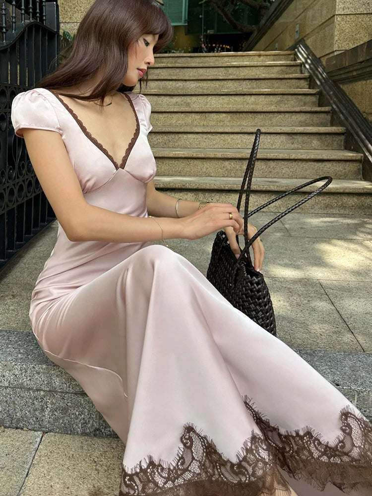 Silky Stain Elegant Dress Woman Lace Patchwork V-Neck Cross Bnadage Backless High Waist Robe Birth Party Vestidos