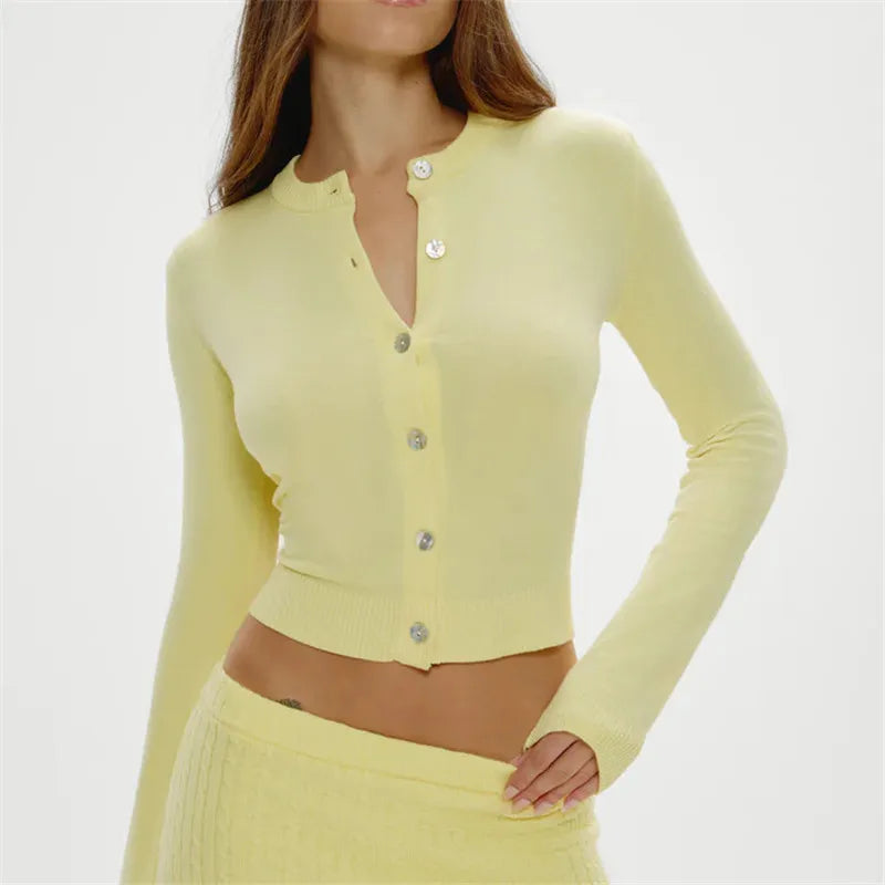 Knitted Fashionable Casual Cardigan Top Solid Color Round Neck Long Sleeved Slim Fit Winter Fall Button Sweater Tops