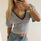 Retro Striped V Neck Crop Top Women Cross Wrap Short Sleeve T Shirt Low Back Slim Fit Striped Tee Y2K Aesthetic Outfits