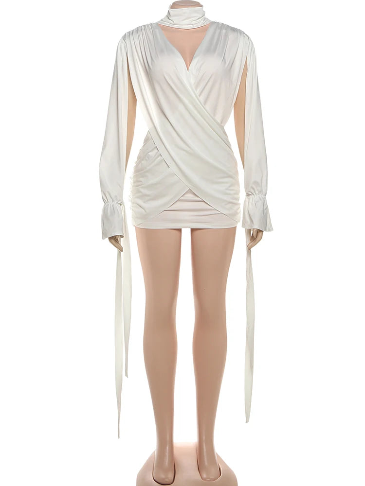 Waistless Dress Women Cross High Neck Bandage Tassel Slit Long Sleeve Backless Folds Sexy Midnight Party Mini Bodycon