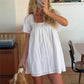Square Neck Eyelet Lace Mini Dress Women Flutter Short Sleeve Front Button Pleated Loose Babydoll Summer Vacation Dress