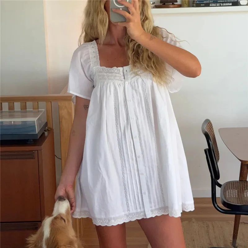Square Neck Eyelet Lace Mini Dress Women Flutter Short Sleeve Front Button Pleated Loose Babydoll Summer Vacation Dress