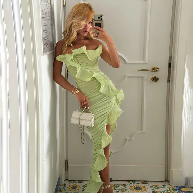 Green Party Dresses Woman Elegant Asymmetric Ruffled Pleated Strapless Long Dress