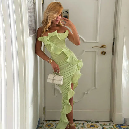 Green Party Dresses Woman Elegant Asymmetric Ruffled Pleated Strapless Long Dress
