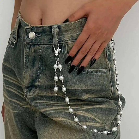 Creative Unique Imitation Pearl Jeans Pants Chain for Women Retro Hip Hop Bag Wallet Keychain Men Jewelry Accessories