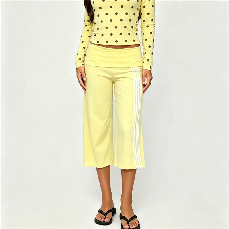 Y2K Vintage Women Low Rise Fold Waist Capri Pants Side Striped Cropped Flare Trousers Casual Going Out Sports Pants