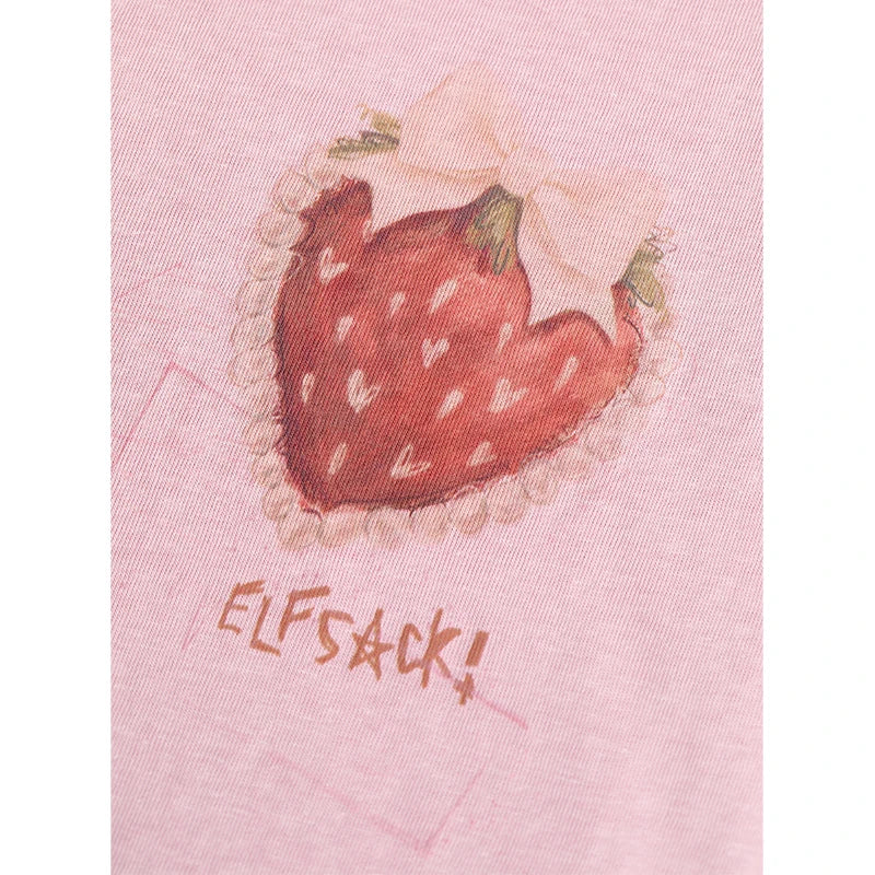 Strawberry Print Loose Fit Graphic Tee, Punk Street Casual Knit T-Shirt, Sweet Cool Daily Top for Women