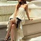 Birthday Maxi Dress Women Party  Bow Tassel Decoration Irregular Ruffles Hem Chest Wrap Folds Sleeveless Elegant Bodycon