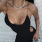 Sexy Cross Backless Dress Women Trend Metal Cube Sleeveless Low-Neck Coquette Midnight Party Club Stretch Vestidos