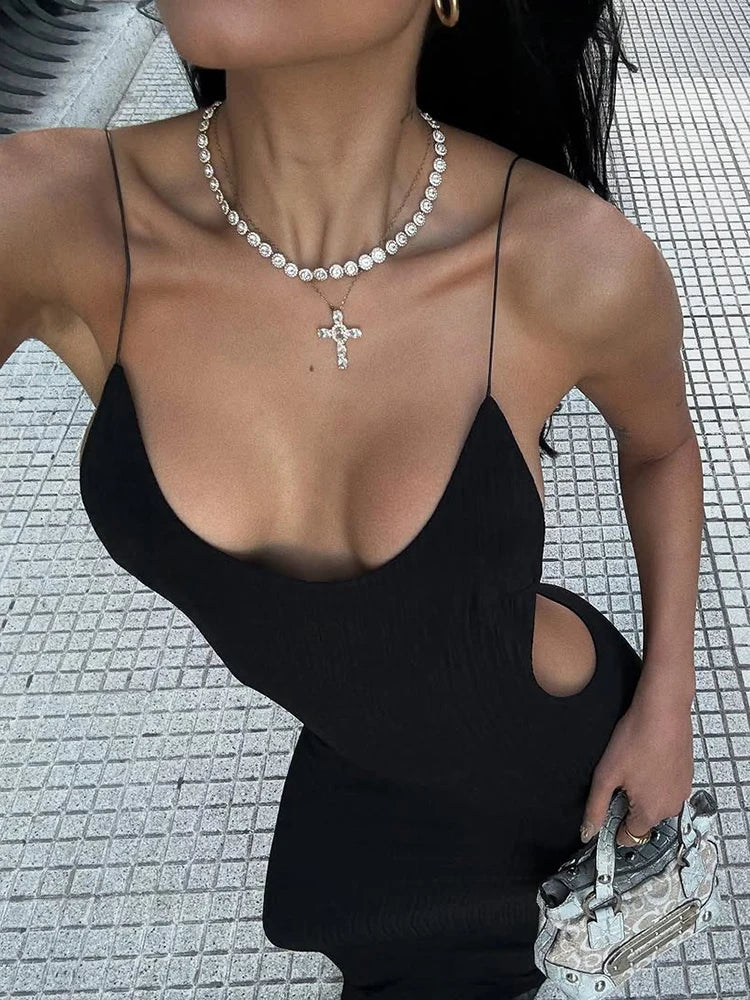 Sexy Cross Backless Dress Women Trend Metal Cube Sleeveless Low-Neck Coquette Midnight Party Club Stretch Vestidos