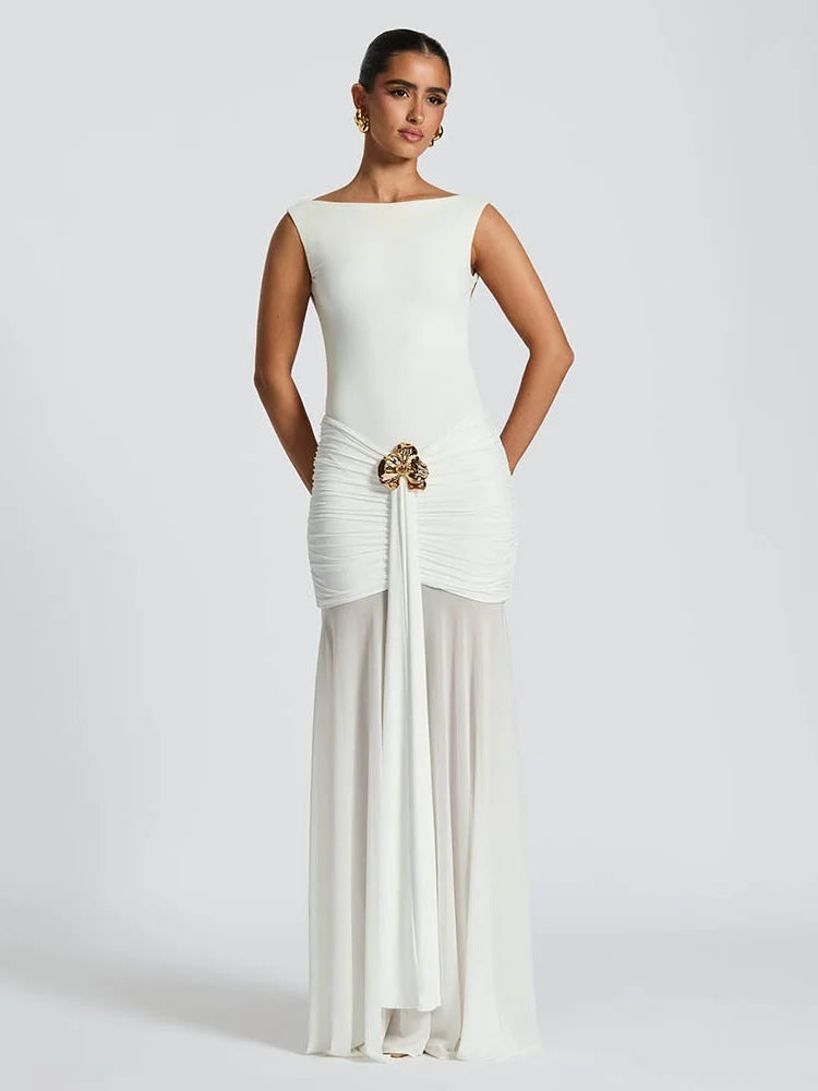 Sleeveless Backless Split Pleated Maxi Dress Elegant Sexy Evening Party Dresses for Wedding Guest