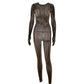See Through Seamless Striped Jacquard One Piece Long Sleeve Jumpsuit Sexy All Black Outfits for Woman Baddie