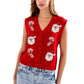 Women Xmas Sleeveless Knit Sweater Vest V Neck Button Down Cropped Waistcoat Sequin Patch Holiday Party Knit Gilet