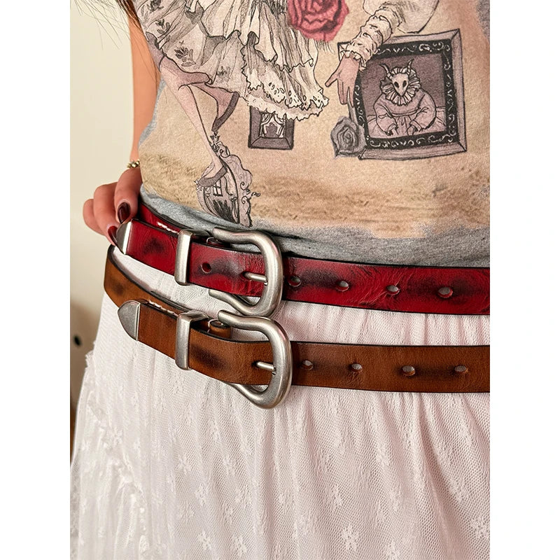 Simple Versatile Semi-Circle Metal Buckle Belt Retro Vintage for Women