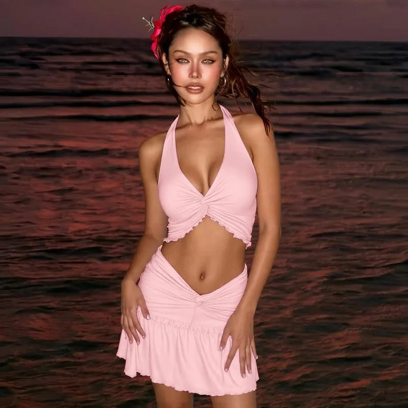 Sexy Two Piece Set for Woman Twisted Ruffled Crop Top and Mini Skirt Summer Beach Vacation Outfit