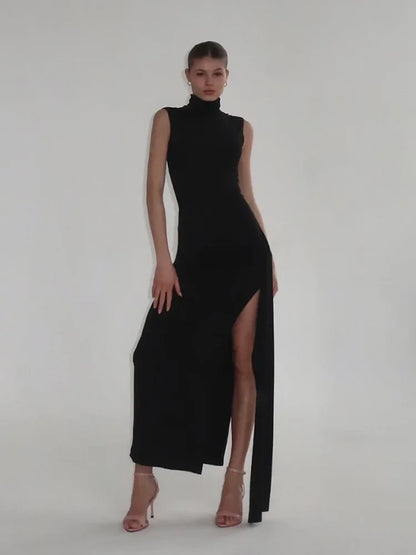 Sexy Fashion Maxi Dress Women Turtleneck Sleeveless Ribbon High Splits Gown Midnight Prom Party Elegant Long Bodycon