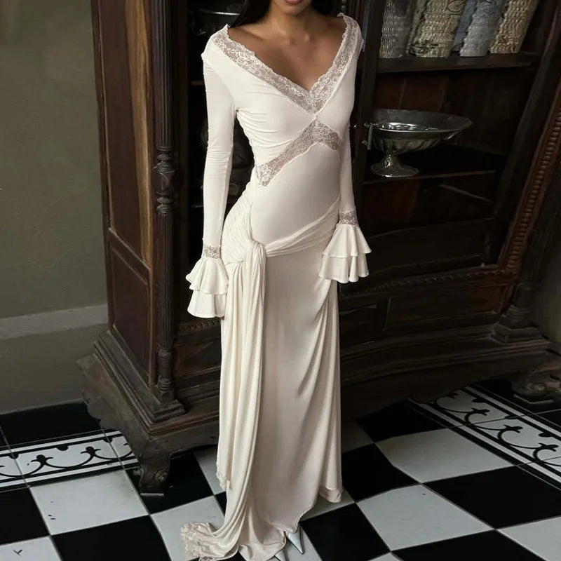 Lace Trim V Neck Flare Sleeve Long Dresses Fall Elegant Clothes for Woman Party Dress French Style
