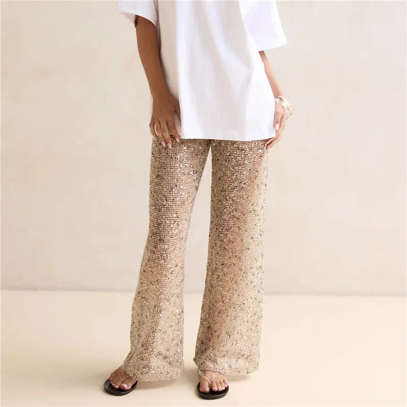 Sequin Mesh Wide Leg Pants Women High Waist See Through Sheer Elastic Waist Beachwear Trousers For Summer Vacation