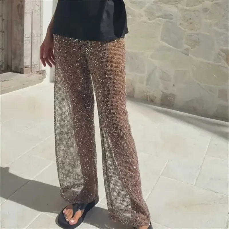 Sequin Mesh Wide Leg Pants Women High Waist See Through Sheer Elastic Waist Beachwear Trousers For Summer Vacation