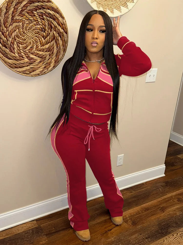 Fashion 2Piece Set Woman Contrast Patchwork Full Sleeve Zip Cardigan Jacket+Drawstring Long Pants Sporty Casual Tracksuit
