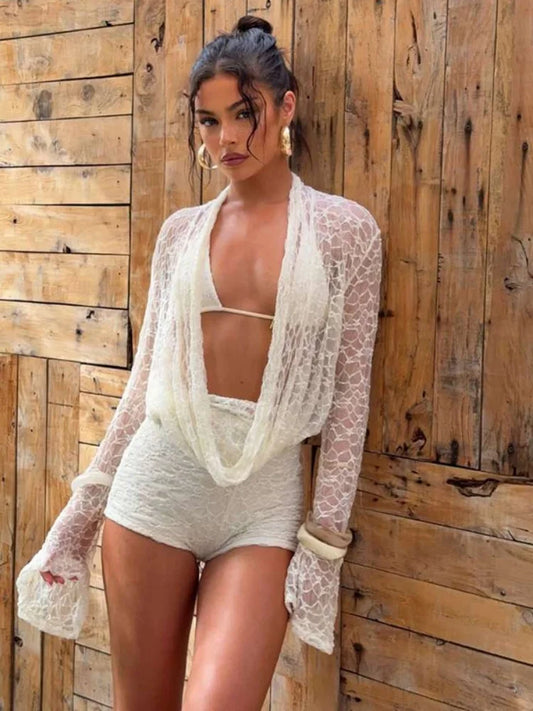 See Through Lace Sexy 3 Piece Set Long Sleeve Top and Shorts Suit for Woman Beach Vacation Outfits