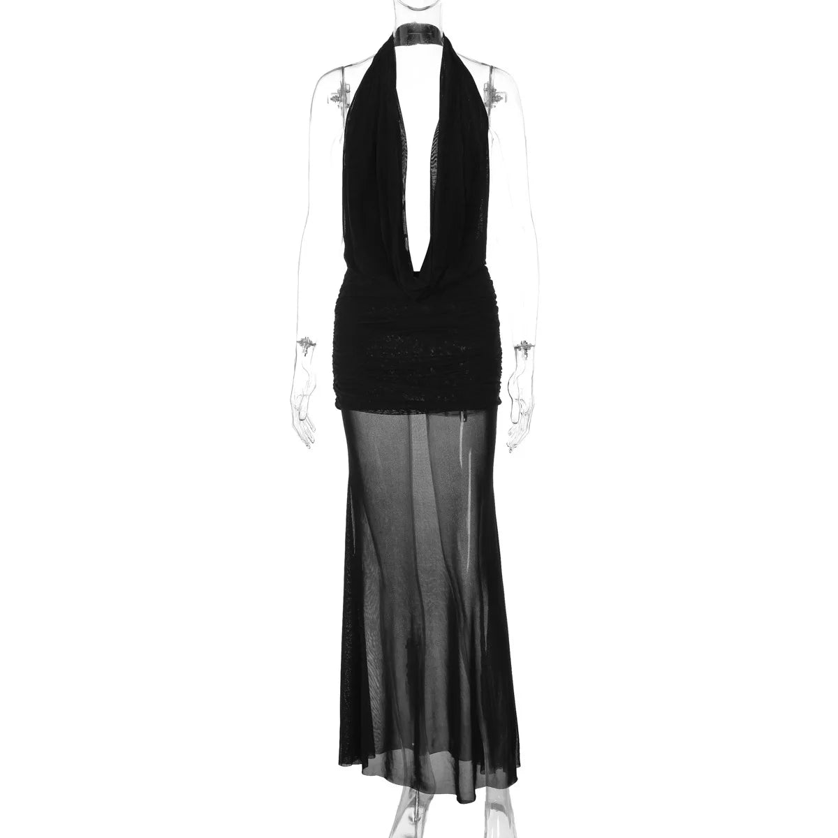 Women Two Piece Mini Dress Set Summer Deep V-Neck Ruched Halter Neck Party Dress and Sheer Mesh Skirt Party Clubwear