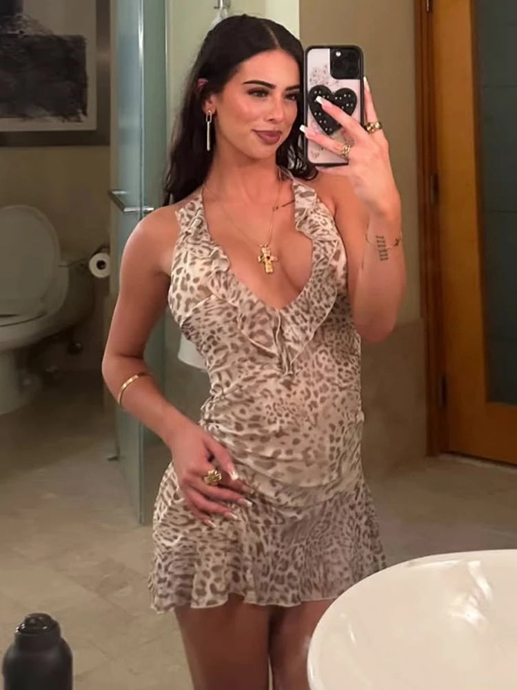 Backless Sexy Party Dress Women Y2K Ruffles Irregular Hem Summer Vacation Leopard Print Midnight Hipster Mini Bodycon