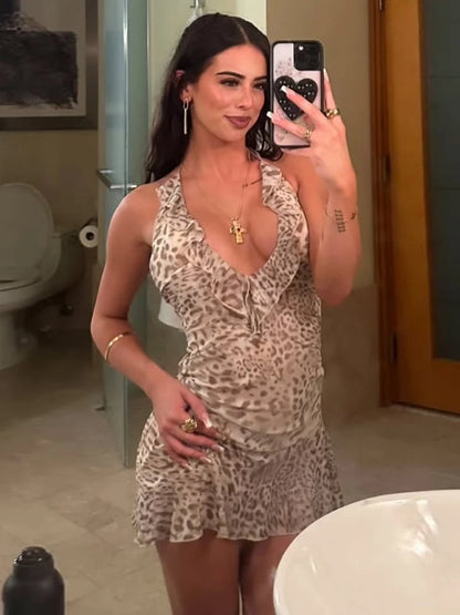 Backless Sexy Party Dress Women Y2K Ruffles Irregular Hem Summer Vacation Leopard Print Midnight Hipster Mini Bodycon