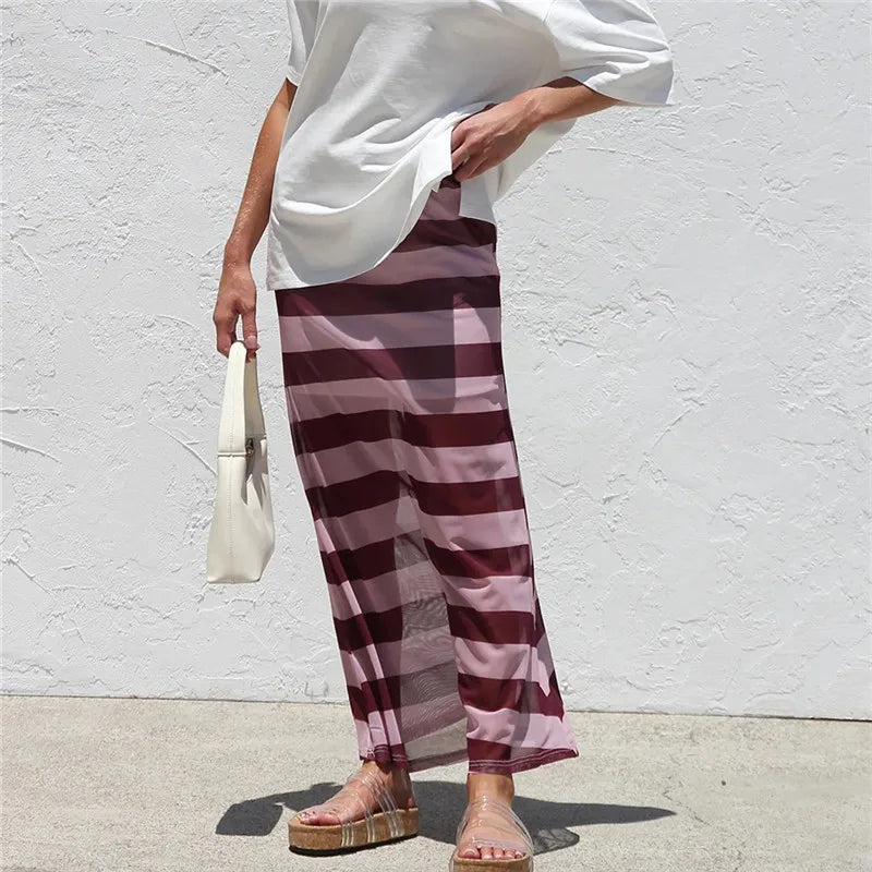 Y2K Casual Womens Striped See Through Mesh Long Skirt Elastic Waist Flared Hem Sheer Maxi Skirt Street Vacation Outfit